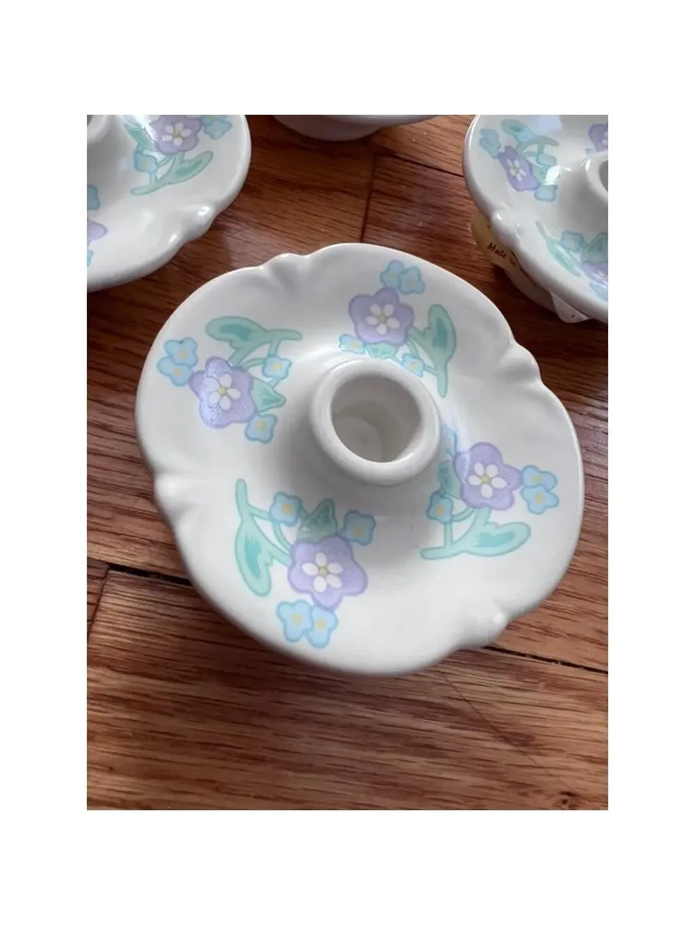 Vintage Lavender Cottagecore Flower Ceramic Taper Candle Holders Set of 4